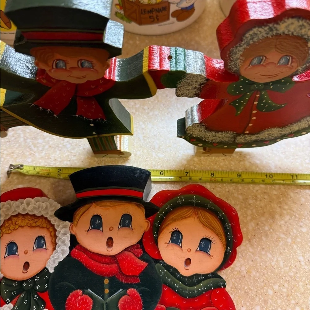 Vintage Hand Painted Wooden Holiday Christmas Carolers Decor and Set Ice Skaters